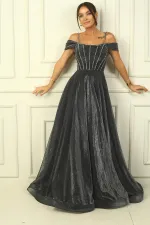 Strappy Low Sleeve Beaded Detailed Lined Glittery Long Dress