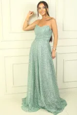 Strapless Lace-Up Back Lined Sequined Long Evening Dress