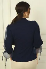 Women's Double-Breasted Half Organza Sleeve Wide-Size Spaced Glittery Blouse