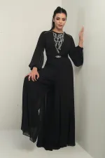 Women's Front and Back Stone Detailed Lined Wide-Leg Chiffon Jumpsuit