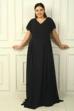 Women's Front Back V Neck Draped Beaded Embroidered Lined Plus Size Long Chiffon Dress