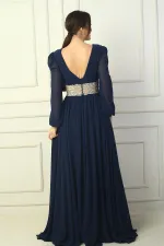 Kadın Ön Arka v Yaka Beli Nakış İşlemeli Astarlı Uzun Şifon Abiye Elbise