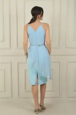 Kadın Çift İp Askılı Üstü Şifon Kemerli Kısa Krep Elbise