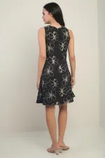 Women's Round Neck Floral Patterned Corded Short Dress