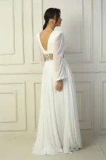 Women's Front Back V Neck Waist Embroidered Lined Long Chiffon Evening Dress