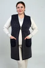 Kadın Önü 3 Düğmeli Mini Artı Desen Büyük Beden Cepli Triko Uzun Yelek