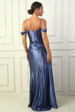 Kadın İp Askılı Düşük Kol Önü Drapeli Pencereli Astarlı Uzun Saten Elbise