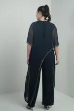 Kadın Üstü Şifon Taş Detaylı İspanyol Kollu Bol Paça Büyük Beden Likralı Tulum