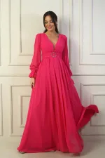 Kadın V Yaka Beli Tokalı Astarlı Şifon Uzun Abiye Elbise