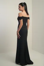 Women's Embellished Thin Strap, Dropped Sleeve Satin Madonna Neckline Lined Draped Double Fishtail Dress