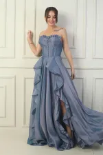 Robe de soirée longue sans bretelles pour femme, boutonnée sur le devant, lacée dans le dos, jupe à volants