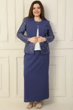 İçi Yarım Ay Kol Bluz Pul NakışişlemeBoncuk Detaylı Ceket Etek Astarlı Büyük Beden 3'lü Takım