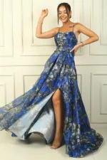 İp Askılı Arkası Bağcıklı Astarlı Pileli Organze Uzun Elbise