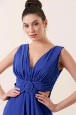 Waist-detailed, front and back V-neck, lined chiffon jumpsuit.