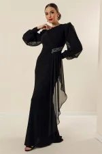 Beli Taş Aksesuarlı Likralı Şifon Detaylı Astarlı Uzun Simli Geniş Beden Aralıklı Elbise