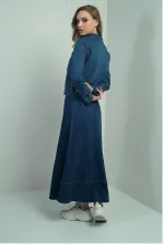 Women's Elastic Waist Long Flared Skirt and Front Zipper Jacket with Patch Pockets - Two-Piece Denim Set