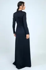 Taş İşlemeli Önü Büzgülü Astarlı Krep Saten Tesettür Elbise