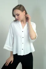 Kadın Polo Yaka Yarım Duble Kollu Arkası Körüklü Krep Saten Bluz