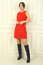 Kadın Yuvarlak Yaka Kolsuz Önü Düğme Detaylı Elbise