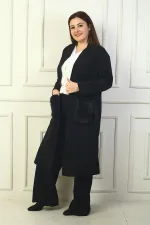 Women's Plus Size Crepe Cardigan with Fur Pockets and Side Slits