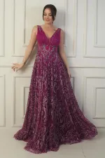 Kadın Ön Arka V Yaka Göğüs Pliseli Arkadan Bağcıklı Astarlı Sim Flok Baskı Uzun Abiye Elbise