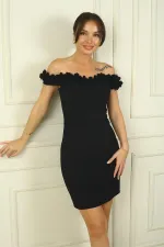 Yaka 3 Boyut Çiçekli Astarlı Kısa Elbise