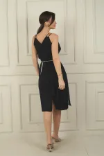 Kadın Çift İp Askılı Üstü Şifon Kemerli Kısa Krep Elbise