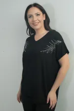 Women's Shoulder Stone Print V-Neck Batwing Sleeve BB Blouse