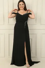 Kadın Taş Detay Askılı Düşük Kol Yanı Mendil Yırmaçlı Askılı Büyük Beden Şifon Uzun Elbise