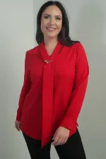 Kadın V Yaka Fularlı Krep Saten Büyük Beden Bluz