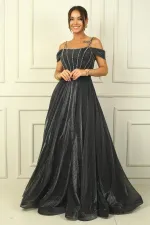 Strappy Low Sleeve Beaded Detailed Lined Glittery Long Dress