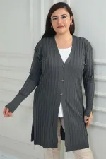 Kadın Kol Düğme Detaylı Kalın Fitilli Likralı Büyük Beden Uzun Hırka