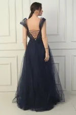 Kadın Ön Arka V Yaka Astarlı Düşük Kollu Üstü Aplike İşleme Prenses Abiye Elbise