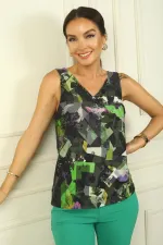 V-Neck Front Pleated Lycra Colorful Blouse