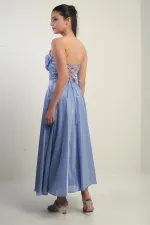 Women's V-Neck Strapless Lined Organza Satin Midi Dress