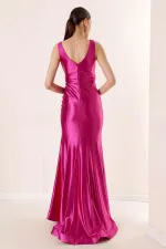 Draped, Flounced Front, Lined, Wide-Size, Long Satin Dress