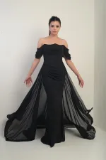 Women's Low-Sleeve Underwired Lined Cape Chiffon Long Dress