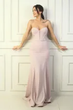 Kadın Straplez Arkası Bağcıklı Astarlı Balenli Uzun Balık Abiye Elbise