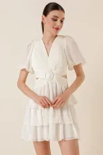 Bel Dekolteli Arkası Çapraz İpli Kat Kat Şifon Elbise