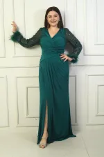 Kadın Kruvaze Yaka Önü Drapeli Boncuk-Pul Detaylı Uçları Tüylü Tül Kollu Astarllı Büyük Beden Sandy Uzun Abiye Elbise