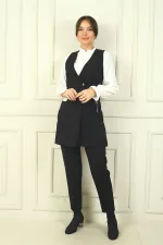 Women's Single Snap Zippered Pocket Long Vest Chiffon Shirt Elastic Waist Trousers 3-Piece Set