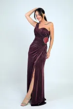 Women's One-Shoulder Side-Seam Draped Lined Lycra Glitter Long Dress
