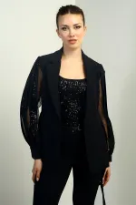 Women's Double-Breasted, Lined Jacket with Organza Sleeves and Sequin Belt.