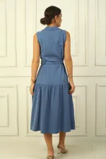 Önü Düğmeli Beli Kuşaklı Uzun Elbise