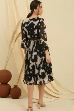 Double-Breasted, Lined, Waist Belted, Pleated Patterned Chiffon Dress