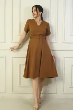 V-Neck Dress with Sleeve Detail and Belted Waist