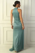 Boyunlu Eteği Mendilli Astarlı Simli Uzun Abiye Elbise