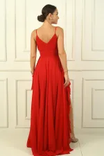 Kadın İp Askılı Yanları Yırtmaçlı Astarlı Volanlı Şifon Uzun Elbise