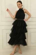 Kat Kat Boyundan Bağlamalı Astarlı Tül Elbise