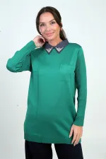 Kadın Taşlı Gömlek Yaka Tunik Triko Bluz